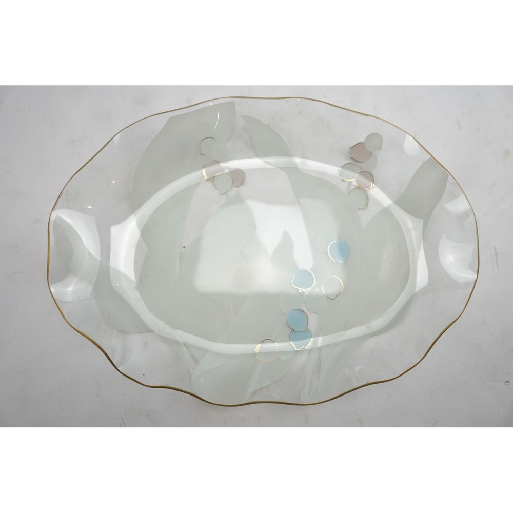 Vintage Frosted Glass Floral Serving Platter‎ Gold Trim Scalloped Edge - Picture 2 of 7